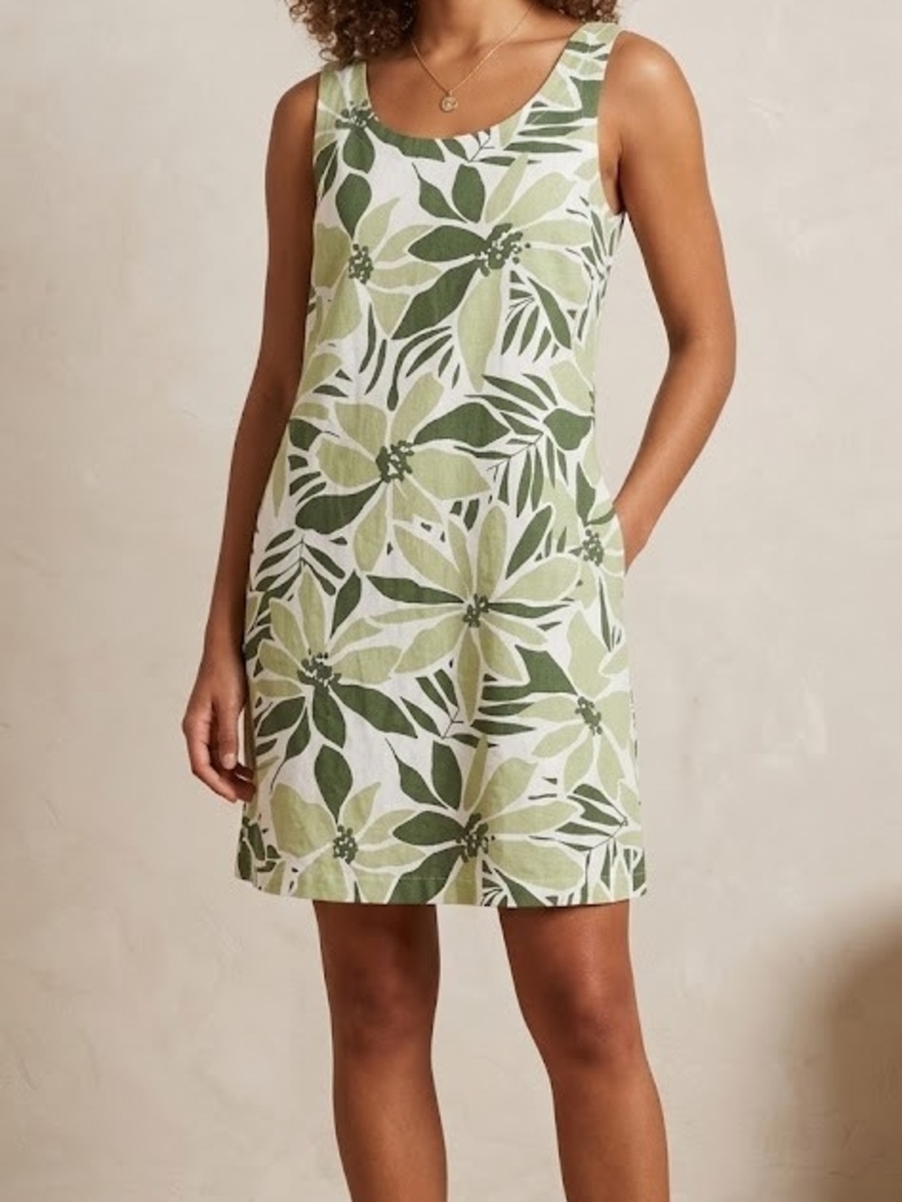 Nicole Miller New York Linen Sleeveless Green Floral A-Line Mini Dress